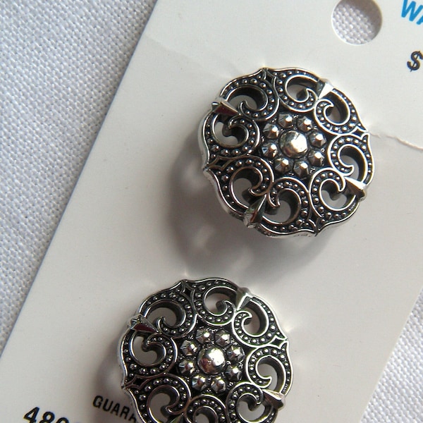 2 Antiqued Silver Buttons, Richly Patterned Metallized Plastic, 22 mm, Self Shank, Faux Cut Steel Center, Filigree, Made in Italy, Le Bouton