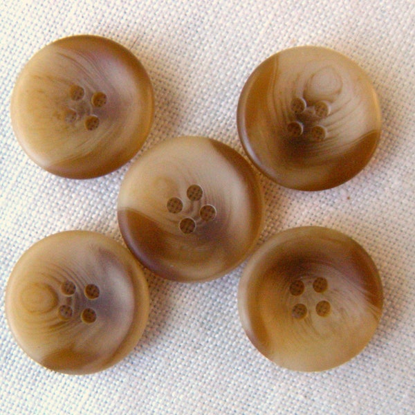 5 Tan and Brown Faux Horn Buttons, 20 mm, Cupped Shape, Satin finish, Swirls of Brown on Light Tan, Plastic, 4 Hole, Dill Buttons, Germany