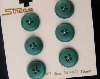 6 Dark Green Buttons, 15 mm, Mound Shape, 4 Holes, Small Base Rim, Matte Surface, Some Marbling, Made in Holland, Streamline