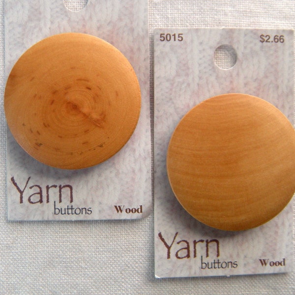 2 Big Light Golden Brown Wood Buttons, 44 mm, Rounded, Shank, Low Gloss Finish, Wood Grain, Hand Washable, 3 mm Thick, Yarn Buttons