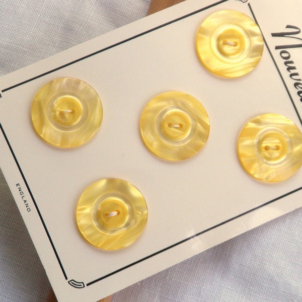 5 Bright Lemony Yellow Buttons, 27 mm, Glossy and Marbled, Sunken Well with 2 Holes, Vintage Nouveaute, Made in England