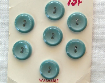 7 Blue Green Lansing Buttons, 14 mm, Glossy Finish, Beveled Rim, Flat Back, 2 Holes, Light Reflecting Aqua, Lansing