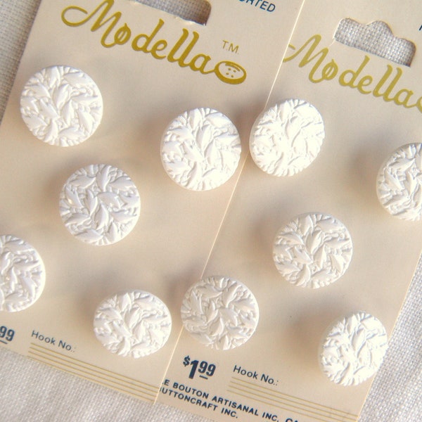 10 Leafy Pattern White Buttons, 15 mm, Self Shank,Textured Raised Design, Light Catching Gloss, Vintage Modella Plastic Buttons