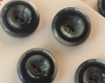 8 Grey Swirl and Black Buttons, 17 mm, Glossy, Deep Center Well with 2 holes, 5 mm Thick Rim, Black Ring  on Wide Rim,Original Card, Moderne