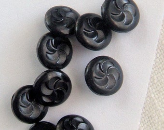 15 Small Black Buttons, 11 mm, Pinwheel Design Carved into the Top, Self Shank, 1990s German, NOS, Dill Buttons Made in Germany