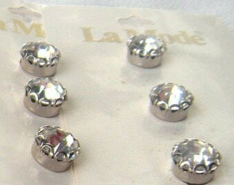 6 Small 9 mm,Bright Faceted Glass Buttons, Deep Silver Metal Setting with Scallops, Pretty Faceted Cut, Original Cards, La Mode Crystal