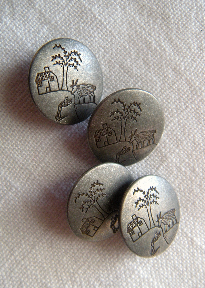 Modern Picture Buttons 4 Antiqued Silver Grey 20 mm Primitive Country Scene Button Jewelry House,Tree Low Shine Shank Coat Button