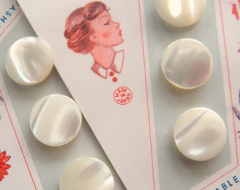 6 Icy White Mother of Pearl Buttons, 13.5 mm, Flashy Iridescence, T-Shape Self Shank, Vintage Lady Fashion Graphics, Made in Japan