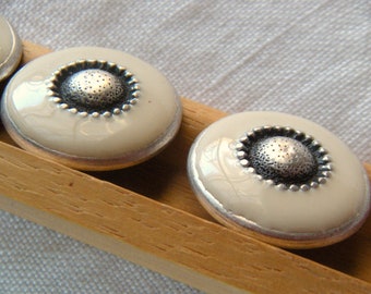 2 Antiqued Silver and Cream Buttons, 23 mm, Glossy, Shiny, Shallow Rounded Shape, Self Shank, Southwestern Concha Style, Kott, Handwash