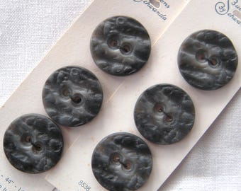6 Big Dark Grey Buttons, Rocky Texture, Vintage Schwanda, 29 mm, 2 Holes, Italy