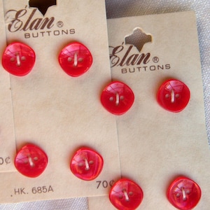 8 Watermelon Red Buttons, 13 mm, (1/2&quot;) Glossy, slightly Square with Rounded Corners, Cupped, 4 holes, Elan Brand, Made in Japan, Light Red