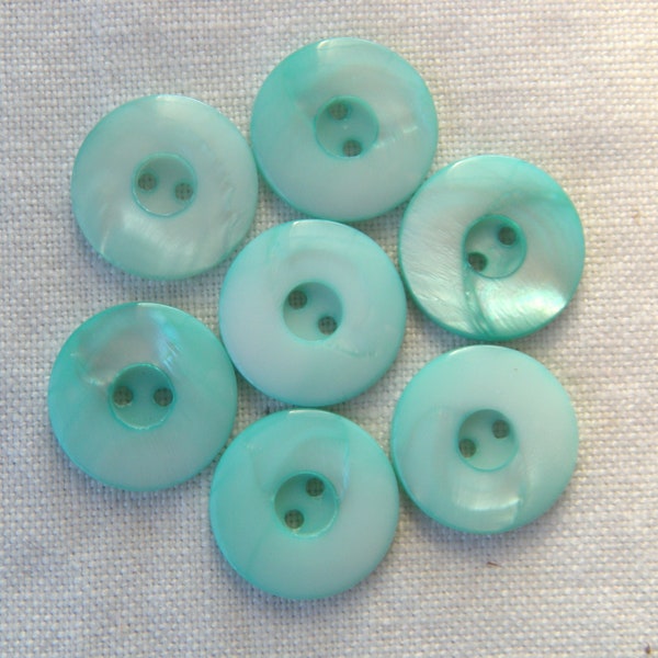 7 Aqua Green Shell Buttons, 19 mm, Dyed, Swirling Pearl Patterns, Small Well, 2 Holes, Flat Back, Great Polish, Luster, MOP, No Brand