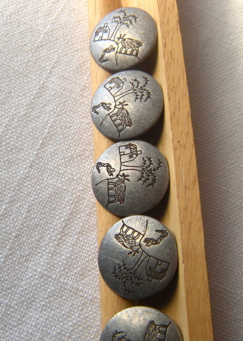 Modern Picture Buttons 4 Antiqued Silver Grey 20 mm Primitive Country Scene Button Jewelry House,Tree Low Shine Shank Coat Button
