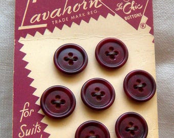 7 Vintage Dark Reddish Brown Buttons, Le Chic, Narrow Rim, 15 mm, 4 Holes