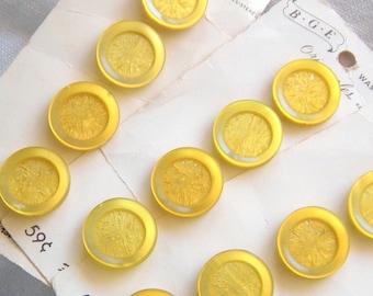 12 botones amarillos vintage, centro escarchado texturizado, marca BGE, borde brillante, vástago de túnel, 19 mm