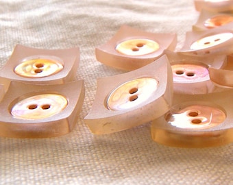 6 Pink Square Buttons with Pearly Round Inset Center, Sides are 15 mm, Two Holes