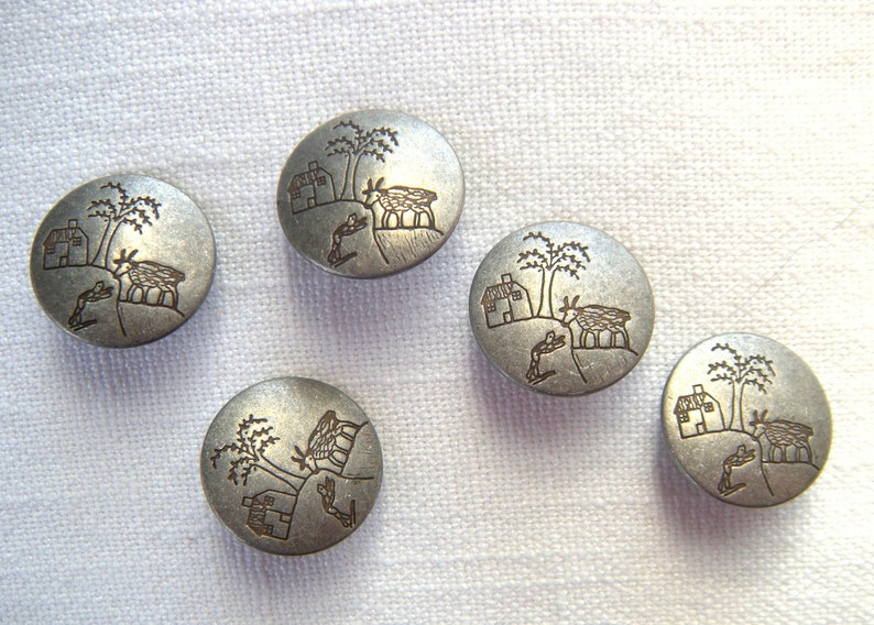 Modern Picture Buttons 4 Antiqued Silver Grey 20 mm Primitive Country Scene Button Jewelry House,Tree Low Shine Shank Coat Button