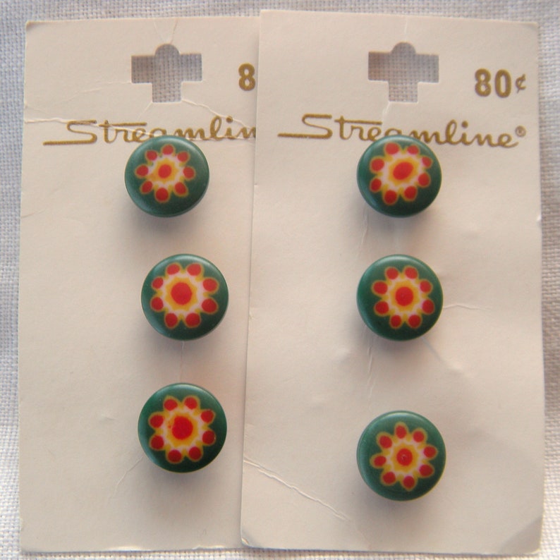 6 Small Flower Buttons, 13 mm, Green Background, Yellow and Red flower, Rounded Edges, Yellow and Red Self Shank, Streamline image 2