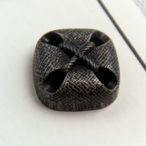 6 Antiqued Bronze Faux Metal Vintage Nouveaute  Buttons, 19 mm, Square Packet Shape, Corner Holes, Crossed Twine Effect, Shank, Cotter Pin