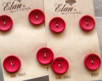 8 Vintage Elan Red Buttons, 15 mm Cupped 2-Hole, Glossy Rim, Japan