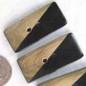 2 Large Oblong Toggle Buttons, 45 mm X 21 mm, Glossy Black and Light Brown, Colors Split Diagonally,  2 Holes
