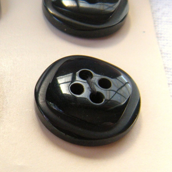 8 Glossy Black Tone on Tone Buttons, 18 mm, Round Base with Raised Square Center, Shiny Black, 4 holes, On Card, Moderne