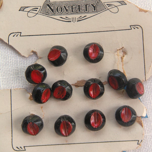 12 Very Small Czecho-Slovania Antique Glass Buttons,Black with Cupped Red Top, 9 mm, Self Shank, Hand Painted, Latest Novelty Brand, Set #3