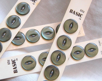 5 Grey Green Buttons, Fisheye Well, Glossy, Vintage Basic Brand, 17 mm (11/16")