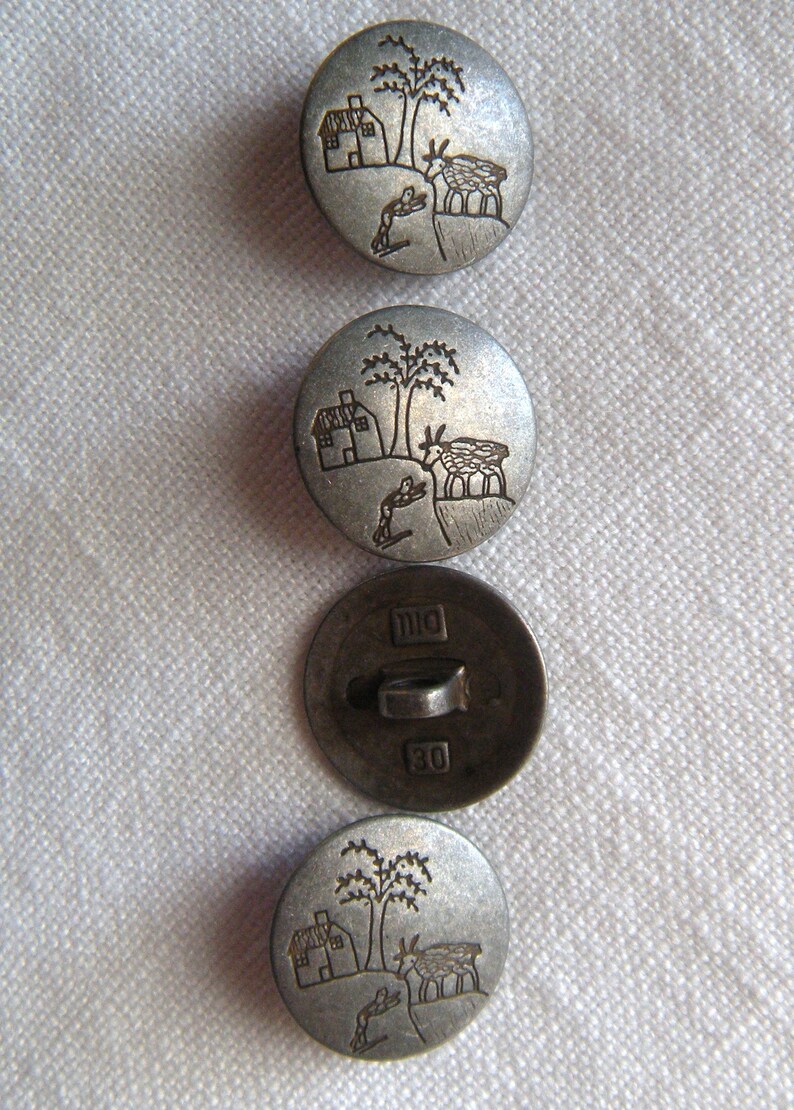 Modern Picture Buttons 4 Antiqued Silver Grey 20 mm Primitive Country Scene Button Jewelry House,Tree Low Shine Shank Coat Button