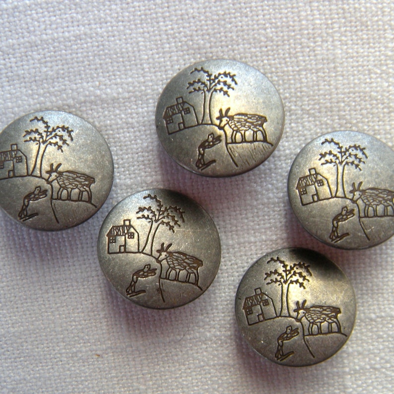 Modern Picture Buttons 4 Antiqued Silver Grey 20 mm Primitive Country Scene Button Jewelry House,Tree Low Shine Shank Coat Button