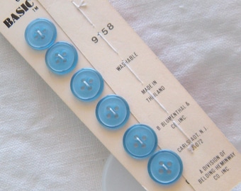 6 Intense Sky Blue Shirt Buttons, Narrow Glossy Rim, 13 mm (9/16")  Vintage Basic