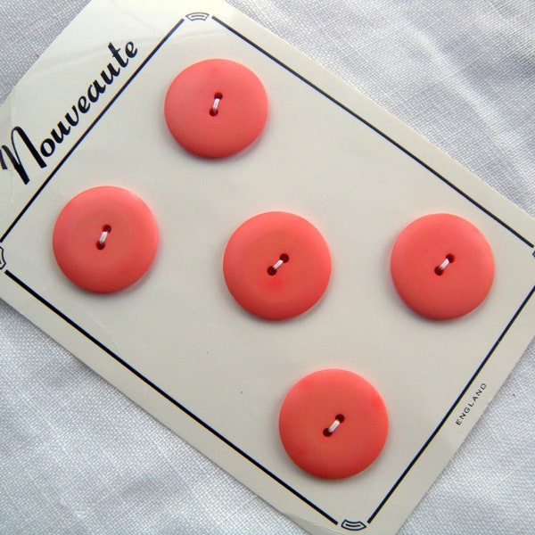 5 Vintage Nouveaute Buttons, Salmon Pink, 24 mm, Opaque Orangy Pink, Smooth Rounded Wafer Shape, 2 holes, Made in England