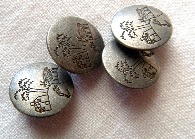 Modern Picture Buttons 4 Antiqued Silver Grey 20 mm Primitive Country Scene Button Jewelry House,Tree Low Shine Shank Coat Button