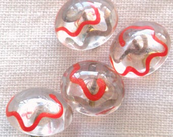 10 Clear Glass Buttons, Red and Grey Interior Swirls, Shank, 17 mm