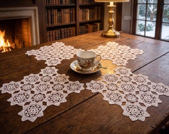 Handmade 4pc White Crochet Lace Doily Set Filos Star Table Mats Starched Bedroom Decor