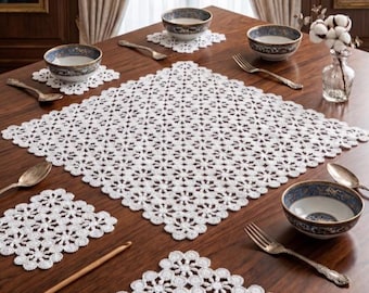 Juego de manteles vintage de ganchillo hechos a mano, 7 piezas, encaje blanco, algodón, decoración del hogar, regalo
