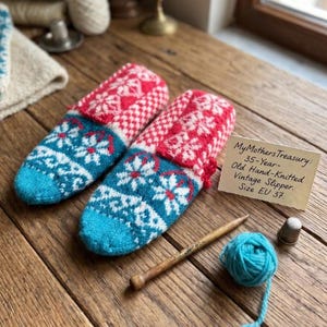 Vintage Turkish Wool Slippers 35 Year Old Hand Knitted Anatolian Motifs Cozy House Shoes