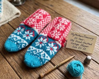 Vintage Turkish Wool Slippers 35 Year Old Hand Knitted Anatolian Motifs Cozy House Shoes