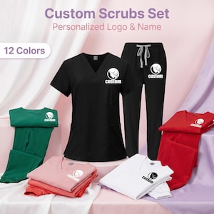 May include: A selection of custom scrub sets in colours such as black, green, pink, red, and white. Each set includes a V-neck top and trousers, with a personalized logo and the word "custom" printed on the tops. The image also includes the text "12 Colors".
