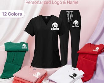 Custom V-Neck Scrubs Set – Personalized Logo & Name, Jogger Pants