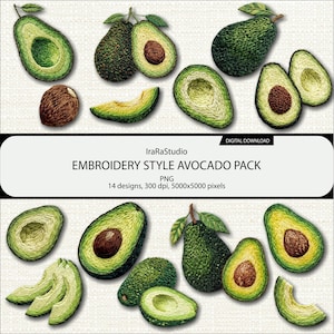 May include: A digital download pack featuring 14 embroidery style avocado designs. The collection includes whole avocados, halved avocados with pits, and sliced avocado pieces in shades of green and brown, presented on a textured background.