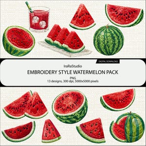 Könnte beinhalten: Eine digitale Sammlung von dreizehn Illustrationen von Wassermelonen im Stickerei-Stil, darunter ganze Melonen, aufgeschnittene Stücke und ein Glas roter Saft mit Eiswürfeln. Die Grafiken zeigen rotes Fruchtfleisch, schwarze Kerne und grüne Schalen.