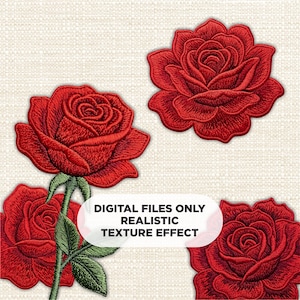 May include: Four red rose embroidery designs with a realistic texture effect. One rose has a green stem and leaves. The text on the image reads: DIGITAL FILES ONLY, REALISTIC, TEXTURE EFFECT.