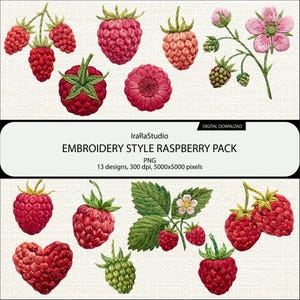 May include: A digital download pack featuring 13 embroidery style raspberry designs. The collection includes individual red raspberries, green unripe berries, a heart-shaped berry, and sprigs with pink flowers and green leaves on a textured background.