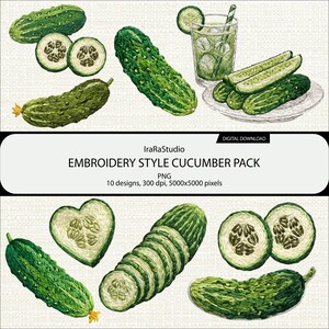 May include: A digital collection of embroidery-style cucumber illustrations featuring whole cucumbers, sliced rounds, a heart-shaped slice, and a glass of cucumber water. The text reads IraRaStudio EMBROIDERY STYLE CUCUMBER PACK PNG 10 designs 300 dpi 5000x5000 pixels.
