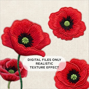 Può includere: Quattro fiori di papavero rossi ricamati con centri neri e accenti verdi sono esposti su uno sfondo neutro. Il testo "DIGITAL FILES ONLY REALISTIC TEXTURE EFFECT" è sovrapposto all'immagine.