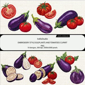 Eggplant and Tomato Realistic Embroidery Effect PNG: Faux Patch Sublimation Clipart, Vegetable Digital Products