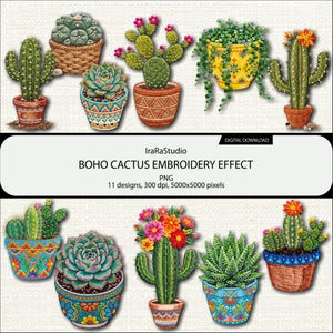 Realistisk Boho Kaktus Broderieffekt PNG Bundle: Faux Patch Clipart Sublimering, Cottagecore Digital Products