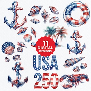 Paquete de sublimación náutica costera del 4 de julio / Langosta, ancla, conchas marinas, clipart PNG patriótico