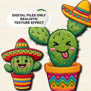 Puede incluir: Dos diseños de cactus bordados con efecto de textura realista. Un cactus lleva un sombrero rojo y sonríe, mientras que el otro lleva un sombrero amarillo y saca la lengua. Ambos están en macetas coloridas. Texto: DIGITAL FILES ONLY REALISTIC TEXTURE EFFECT.